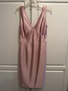 Kay Unger Satin V-Neck Midi Dress in Blush Pink